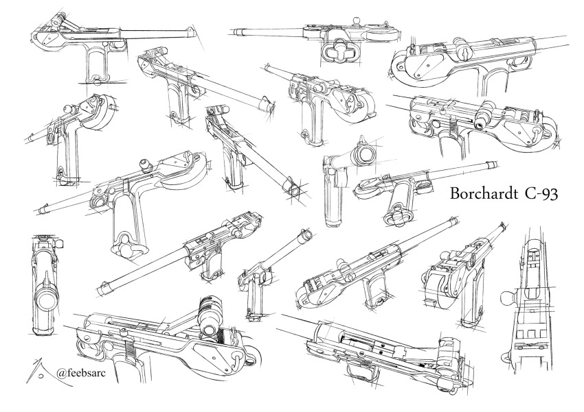 borchardt_c-93 commentary english_text golden_kamuy greyscale gun handgun highres monochrome no_humans original perspective pistol signature simple_background twitter_username weapon weapon_focus zifletts