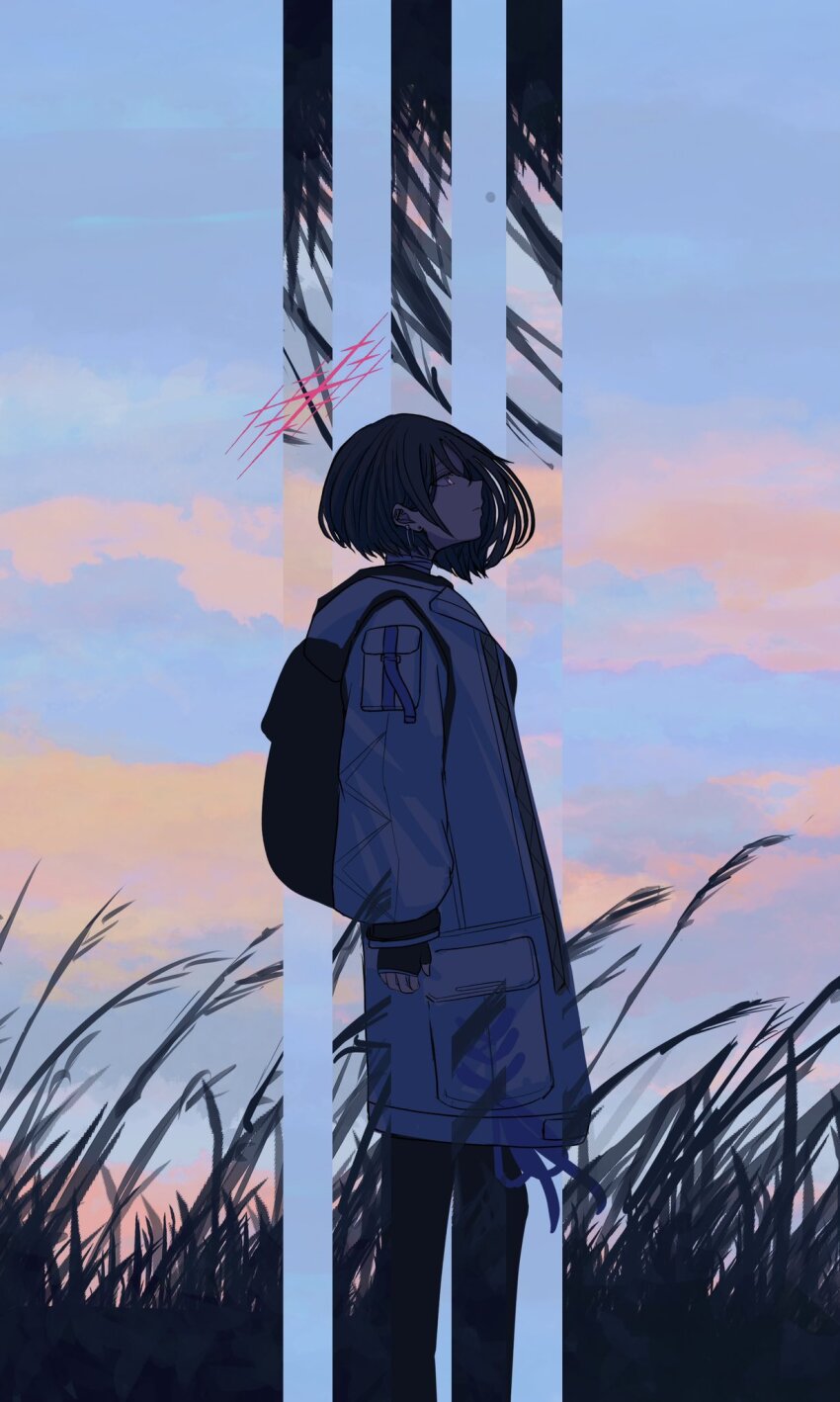 1girl aka_afl_o backpack bag bandaged_neck bandages black_hair blue_archive cattail cloud cloudy_sky halo highres hood hoodie jacket long_sleeves misaki_(blue_archive) pants plant red_eyes red_halo reeds short_hair sky solo sunrise sunset