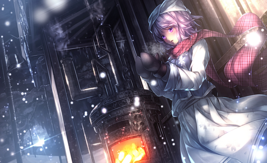 1girl fire furnace hat highres letty_whiterock light_purple_hair mittens plaid_clothes plaid_scarf purple_eyes red_scarf ryosios scarf shirt short_hair skirt snow touhou vest