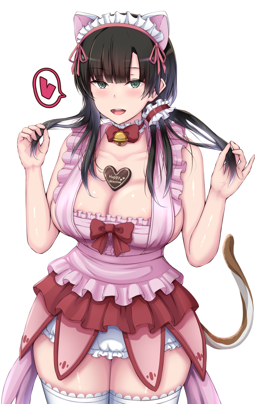 1girl absurdres animal_ears apron assault_lily bad_id bad_pixiv_id bare_arms bare_shoulders bell between_breasts black_hair bloomers blunt_bangs blush bow bowtie breasts candy cat_ears cat_tail chin_gero chocolate chocolate_heart cleavage collar collarbone commentary_request cowboy_shot fake_animal_ears fake_tail food food_between_breasts frilled_apron frilled_collar frilled_skirt frills green_eyes hair_ornament hair_scrunchie hands_up happy_valentine heart highres holding holding_own_hair jingle_bell large_breasts long_hair looking_at_viewer maid_headdress microskirt neck_bell open_mouth pink_apron red_bow red_bowtie red_skirt scrunchie sideboob simple_background skirt smile solo speech_bubble spoken_heart standing tail teeth thighhighs underwear upper_teeth_only valnareik_omen_of_lust wang_yujia white_background white_bloomers white_scrunchie white_thighhighs