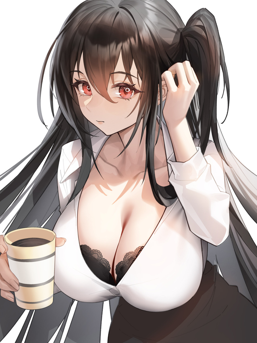 1girl absurdres adjusting_hair azur_lane black_bra black_hair black_skirt bra breasts casual cleavage coffee cup expressionless hair_between_eyes hand_on_own_head hands_up highres holding holding_cup jiangshuai_mengenze large_breasts leaning_forward long_hair red_eyes shirt skirt solo taihou_(azur_lane) underwear very_long_hair white_shirt