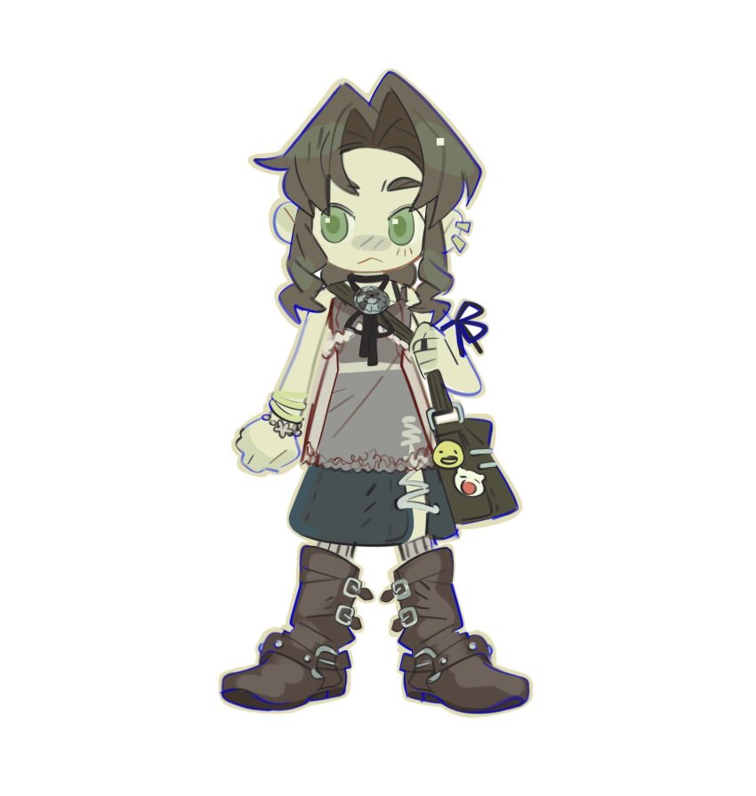 1girl aerith_gainsborough alternate_costume bag bag_charm black_choker black_skirt boots bracelet brown_footwear brown_hair charm_(object) chibi chocobo choker ear_piercing final_fantasy final_fantasy_vii full_body green_eyes highres jewelry lentymet light_blush moogle parted_bangs piercing shirt shoulder_bag side_slit sidelocks skirt sleeveless sleeveless_shirt solo standing white_background