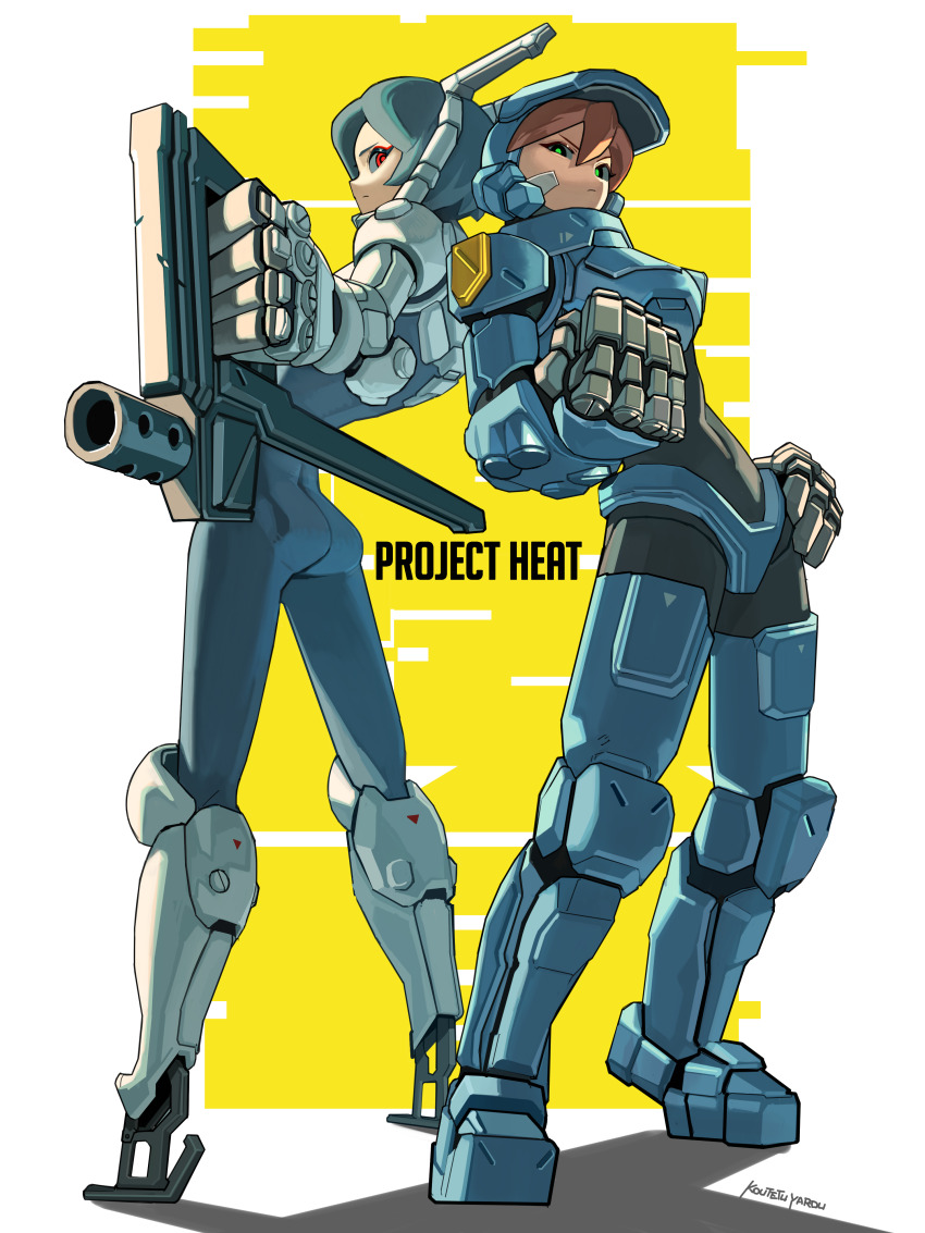 2boys absurdres armor ass brown_hair covered_navel cyberpunk cyborg english_text full_body green_eyes grey_hair hand_on_own_hip headgear helmet highres holding holding_weapon joints koutetu_yarou multiple_boys no_feet original red_eyes robot_joints science_fiction shadow signature standing two-tone_background weapon white_background yellow_background