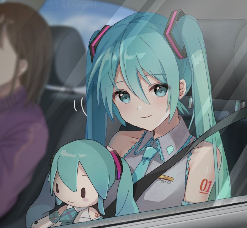 2girls aqua_eyes aqua_hair aqua_necktie blurry blurry_background car car_interior car_seat character_doll chinese_commentary commentary detached_sleeves doll grey_shirt hatsune_miku holding holding_doll holding_stuffed_toy long_hair looking_at_viewer motor_vehicle multiple_girls necktie number_tattoo seatbelt shirt sitting smile stuffed_toy tattoo tsukiringo twintails upper_body very_long_hair vocaloid