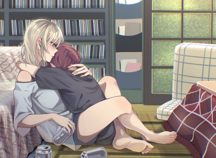 2girls barefoot beer_can between_legs black_shirt blue_shorts blush bookshelf can commentary couch doki_(oox3o) drink_can girls_band_cry grey_eyes grey_hair hand_on_another&#039;s_neck highres hug indoors iseri_nina kawaragi_momoka kotatsu looking_at_another multiple_girls off-shoulder_shirt off_shoulder parted_lips red_hair shirt short_sleeves short_twintails shorts table toes twintails yuri