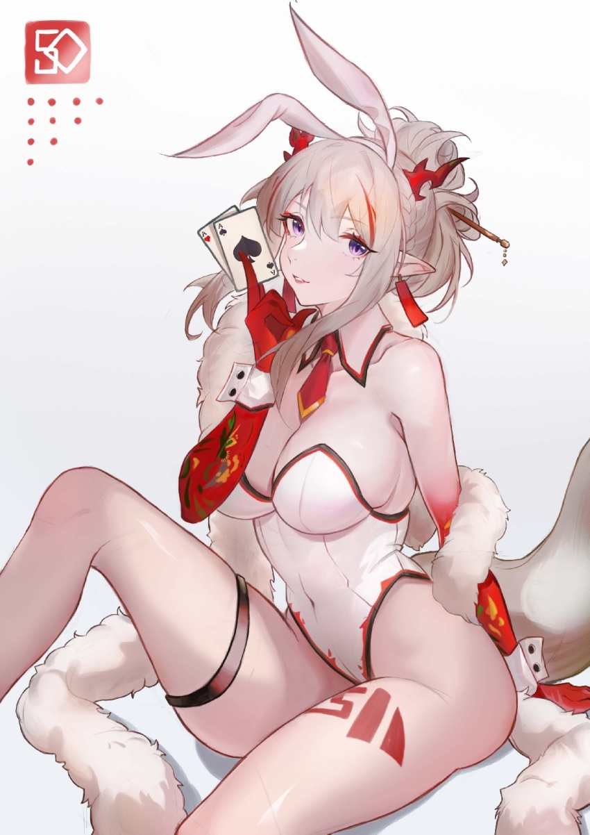 1girl ace_(playing_card) ace_of_hearts ace_of_spades alternate_costume animal_ears arknights bare_legs bare_shoulders breasts card cleavage colored_extremities dragon_girl dragon_horns dragon_tail earrings feet_out_of_frame heart highres holding holding_card horns jewelry large_breasts leotard manche5ter multicolored_hair necktie nian_(arknights) parted_lips playboy_bunny playing_card purple_eyes rabbit_ears red_hair red_hands red_necktie short_hair sitting solo spade_(shape) streaked_hair tail thigh_strap two-tone_hair white_background white_hair white_leotard wrist_cuffs