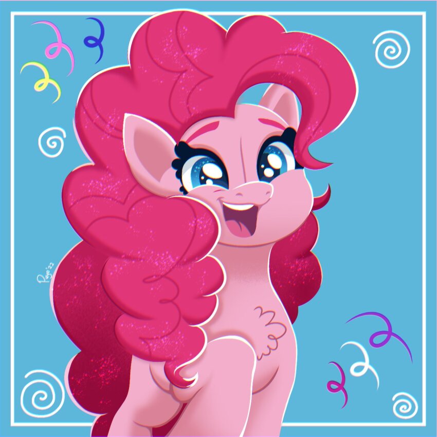 1girl blue_background blue_eyes highres looking_at_viewer my_little_pony my_little_pony:_friendship_is_magic open_mouth pink_hair pinkie_pie pony_(animal) puyonifyyyc solo teeth upper_teeth_only