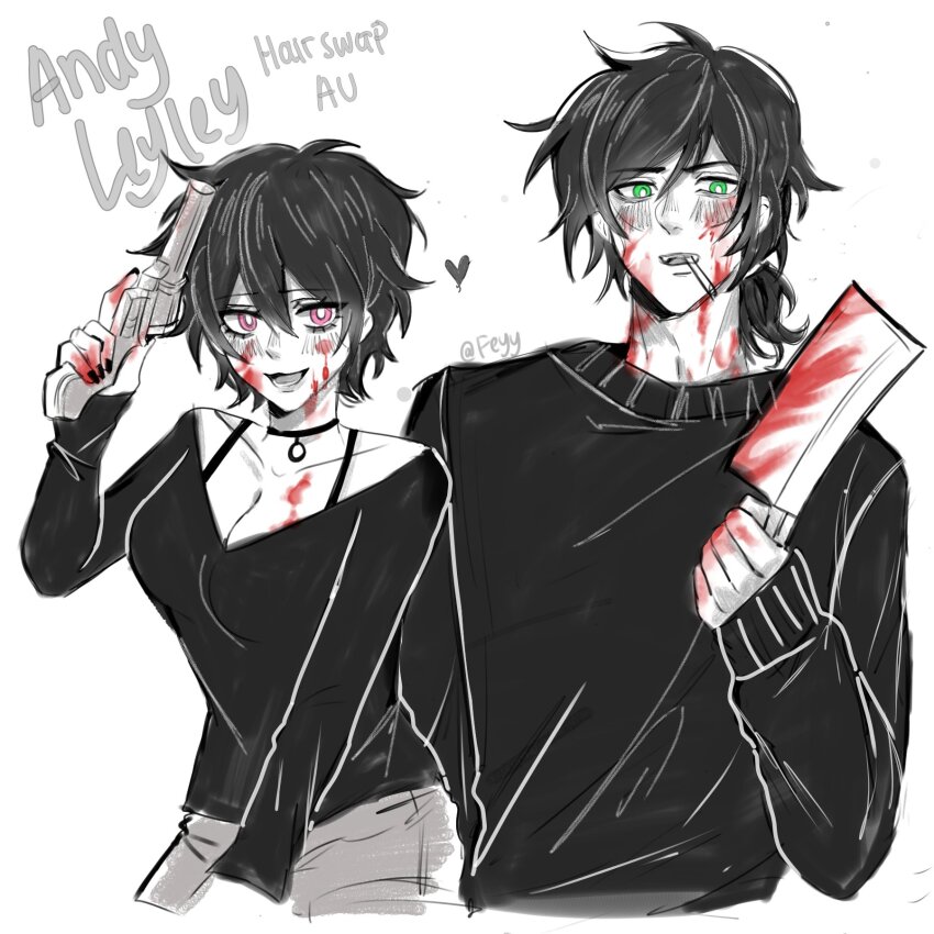 1boy 1girl :3 :d alternate_hair_length alternate_hairstyle andrew_graves ashley_graves bags_under_eyes black_choker black_hair black_shirt black_straps black_sweater blood blood_on_chest blood_on_face blood_on_hands blood_on_neck bloody_weapon blush bra_strap breasts brother_and_sister choker cigarette cleavage collarbone cowboy_shot english_text eyelashes felichiii furrowed_brow green_eyes grey_shorts gun hair_between_eyes hairstyle_switch hand_up handgun heart highres holding holding_cleaver holding_gun holding_weapon large_breasts long_sleeves looking_at_viewer low_ponytail lower_teeth_only medium_hair messy_hair mouth_hold open_mouth pendant_choker pink_eyes shirt short_hair shorts siblings sleeves_past_wrists smile spot_color sweater teeth the_coffin_of_andy_and_leyley thick_eyebrows twitter_username upper_teeth_only weapon white_background