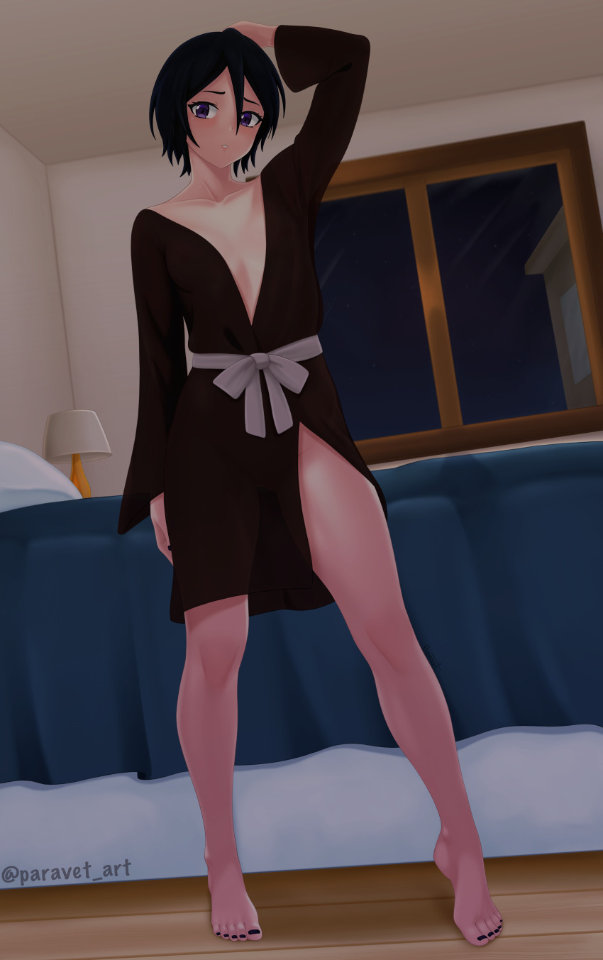 1girl absurdres arm_up artist_name bare_legs barefoot bed bedroom black_hair black_nails black_robe bleach breasts closed_mouth collarbone feet female_focus full_body gluteal_fold groin hair_between_eyes hand_on_own_head highres indoors kuchiki_rukia long_sleeves looking_at_viewer nail_polish paravet purple_eyes robe sash short_hair small_breasts solo standing toenail_polish toenails toes twitter_username