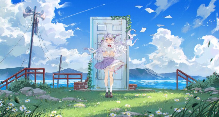 1girl absurdres blue_sky brown_footwear cloud cloudy_sky collared_shirt commentary commission contrail daisy day english_commentary flower grass grey_hair hair_ribbon highres holding holding_paper indie_virtual_youtuber loafers long_hair looking_at_viewer miniskirt neck_ribbon ocean outdoors paper parody parted_lips pleated_skirt public_address_system purple_ribbon purple_skirt red_ribbon ribbon shirt shoes short_sleeves skirt sky socks solo standing straight-on suzume_no_tojimari very_long_hair virtual_youtuber water white_shirt white_socks wide_shot wind wisteria_iroha yeej_chan