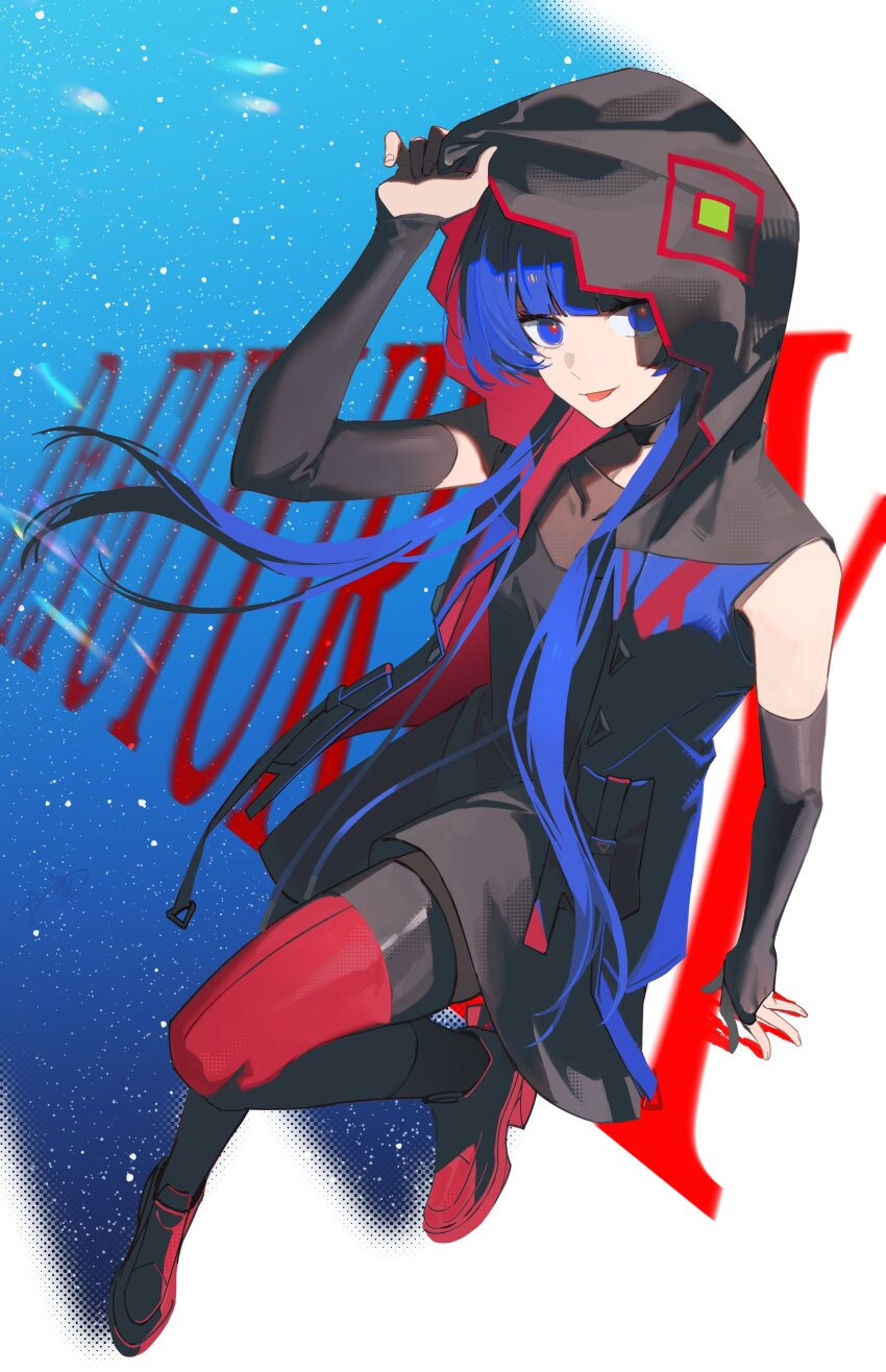 1girl :p absurdres blue_eyes blue_hair boots detached_sleeves foot_up full_body highres hood hooded_jacket jacket kamitsubaki_studio long_hair looking_at_viewer low_twintails rim_(kamitsubaki_studio) smile solo tongue tongue_out twintails very_long_hair walluka