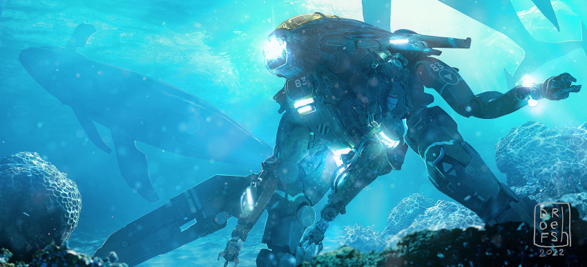 blue_theme dated dofresh highres mecha original robot scenery science_fiction signature underwater