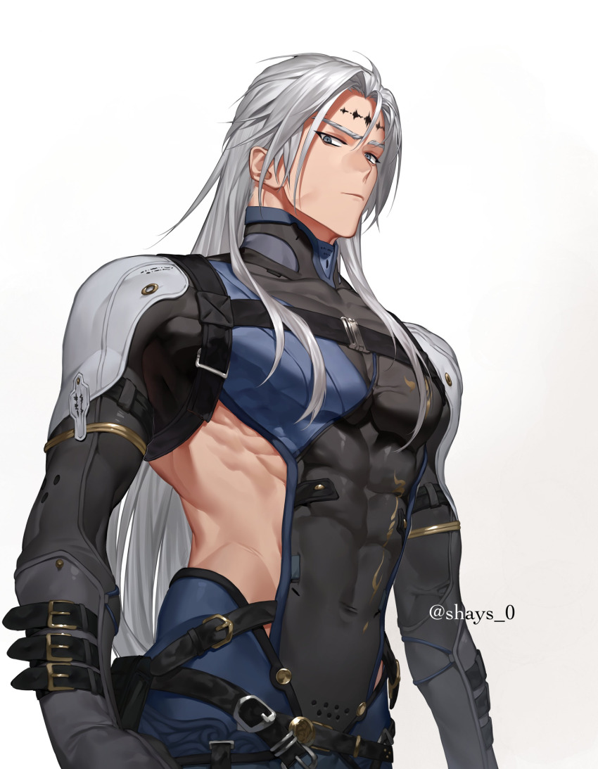 1boy abs absurdly_long_hair armor belt black_gloves buckle calcharo_(wuthering_waves) closed_mouth clothing_cutout compression_shirt elbow_gloves facial_mark gloves grey_eyes hair_between_eyes harness highres long_hair looking_at_viewer male_focus multiple_belts muscular muscular_male parted_bangs pectorals serious shays_h shoulder_armor side_cutout simple_background solo tacet_mark_(wuthering_waves) twitter_username upper_body very_long_hair white_background white_hair wuthering_waves