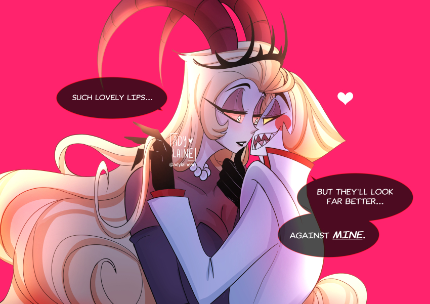 1boy 1girl absurdres adylaineart couple demon_boy demon_girl dress face-to-face hazbin_hotel highres husband_and_wife lilith_(hazbin_hotel) long_hair lucifer_morningstar_(hazbin_hotel) very_long_hair