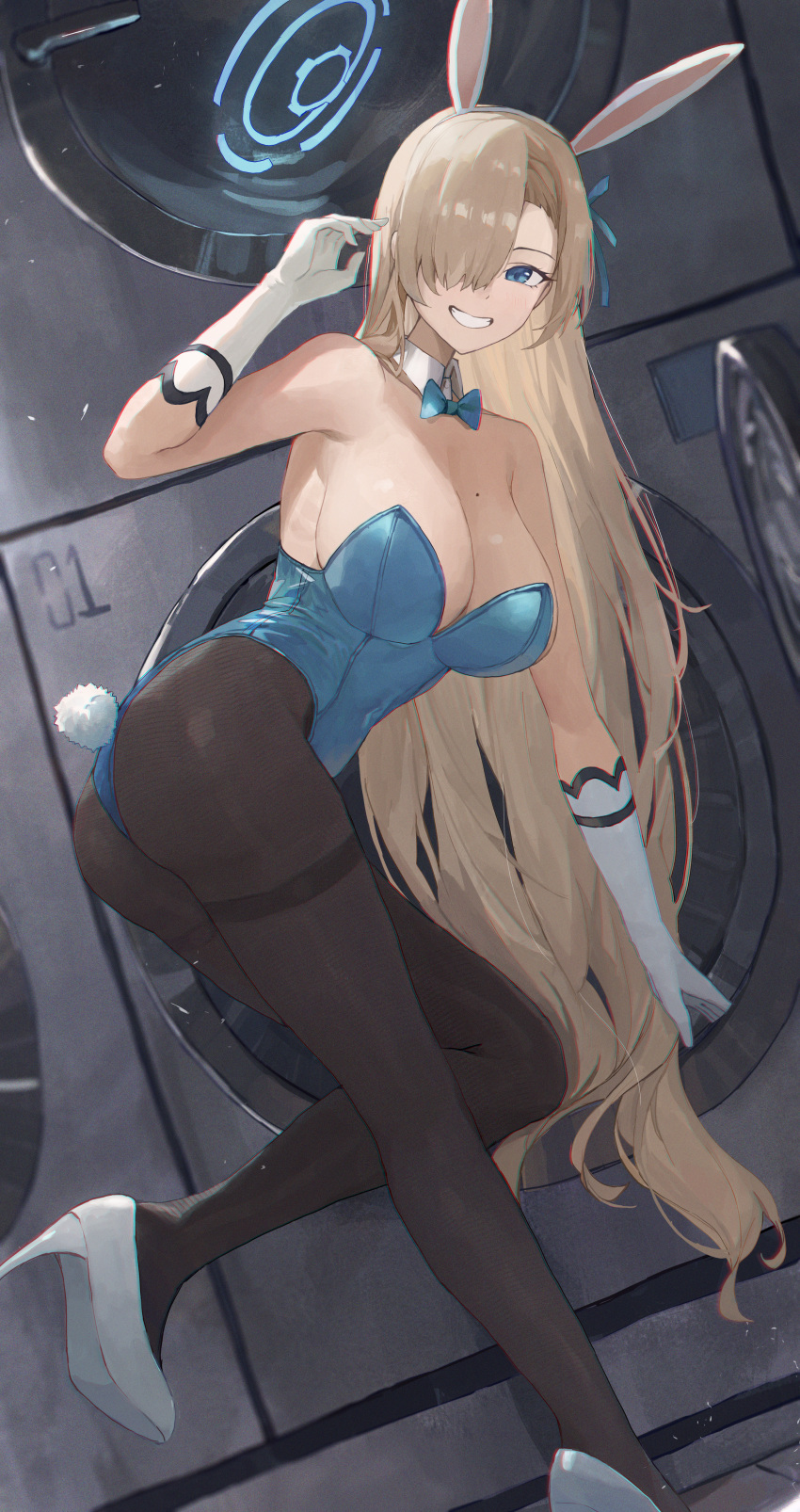 1girl absurdres asuna_(blue_archive) asuna_(bunny)_(blue_archive) bare_shoulders black_pantyhose blue_archive blue_bow blue_bowtie blue_eyes blue_halo blue_leotard bow bowtie breasts brown_hair cleavage detached_collar gloves hair_over_one_eye halo highres jianjia large_breasts leotard long_hair looking_at_viewer mole mole_on_breast official_alternate_costume pantyhose playboy_bunny smile solo thighs white_gloves