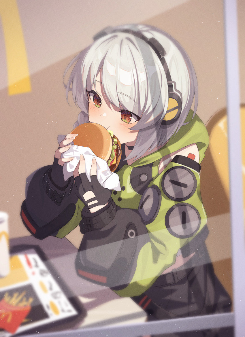 1girl anby_demara bitseon black_headphones burger food green_jacket green_sleeves grey_hair headphones highres holding holding_burger holding_food jacket short_hair solo thighhighs white_hair zenless_zone_zero