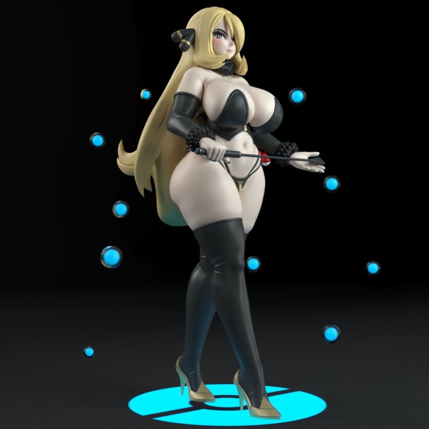 1girl 3d bikini black_background blonde_hair blush breasts creatures_(company) cynthia_(pokemon) game_freak generalbuta hair_over_one_eye high_heels large_breasts long_hair nintendo pokemon pokemon_dppt smile standing thighhighs whip zipper_bikini