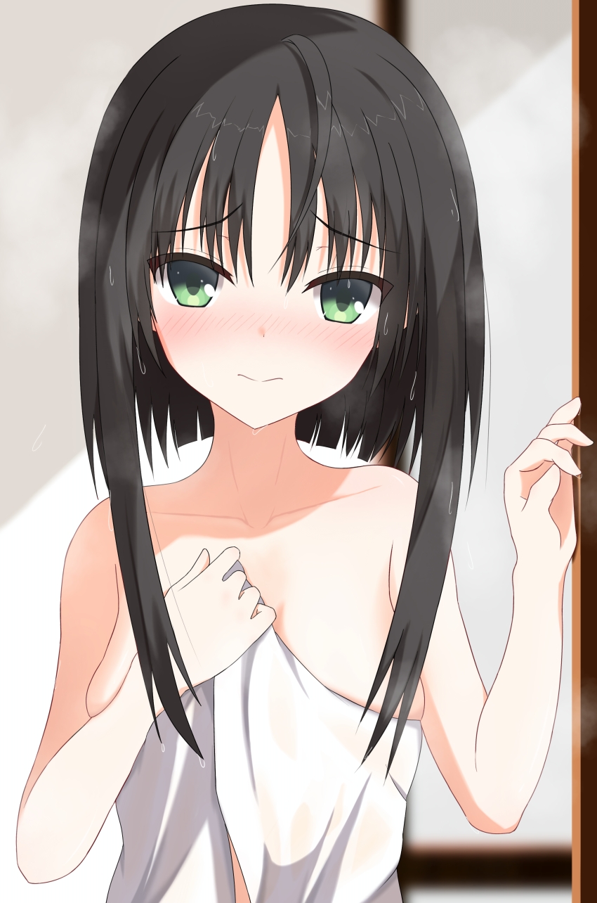 1230_mochi 1girl 3: absurdres after_bathing ahoge bare_arms black_hair blunt_ends blush breasts closed_mouth collarbone commentary_request covering_breasts covering_privates embarrassed green_eyes highres hitachi_mako indoors looking_at_viewer medium_breasts naked_towel nose_blush parted_bangs raised_eyebrows senren_banka short_hair_with_long_locks skindentation solo split_mouth steam straight_hair towel tsurime upper_body wet wet_hair wilted_ahoge