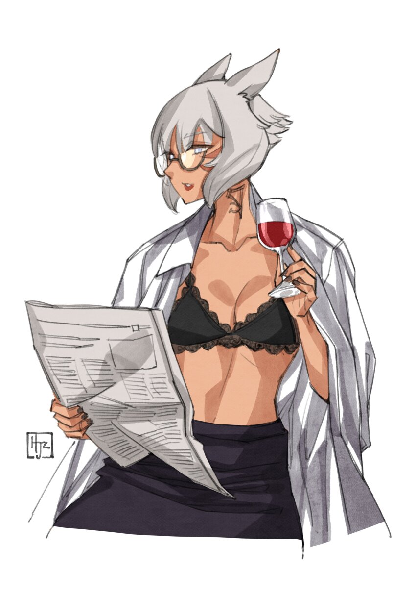 absurdres black_bra black_nails bra cup drinking_glass final_fantasy final_fantasy_xiv glasses highres hjz_(artemi) newspaper shirt underwear white_hair white_shirt wine_glass y&#039;shtola_rhul