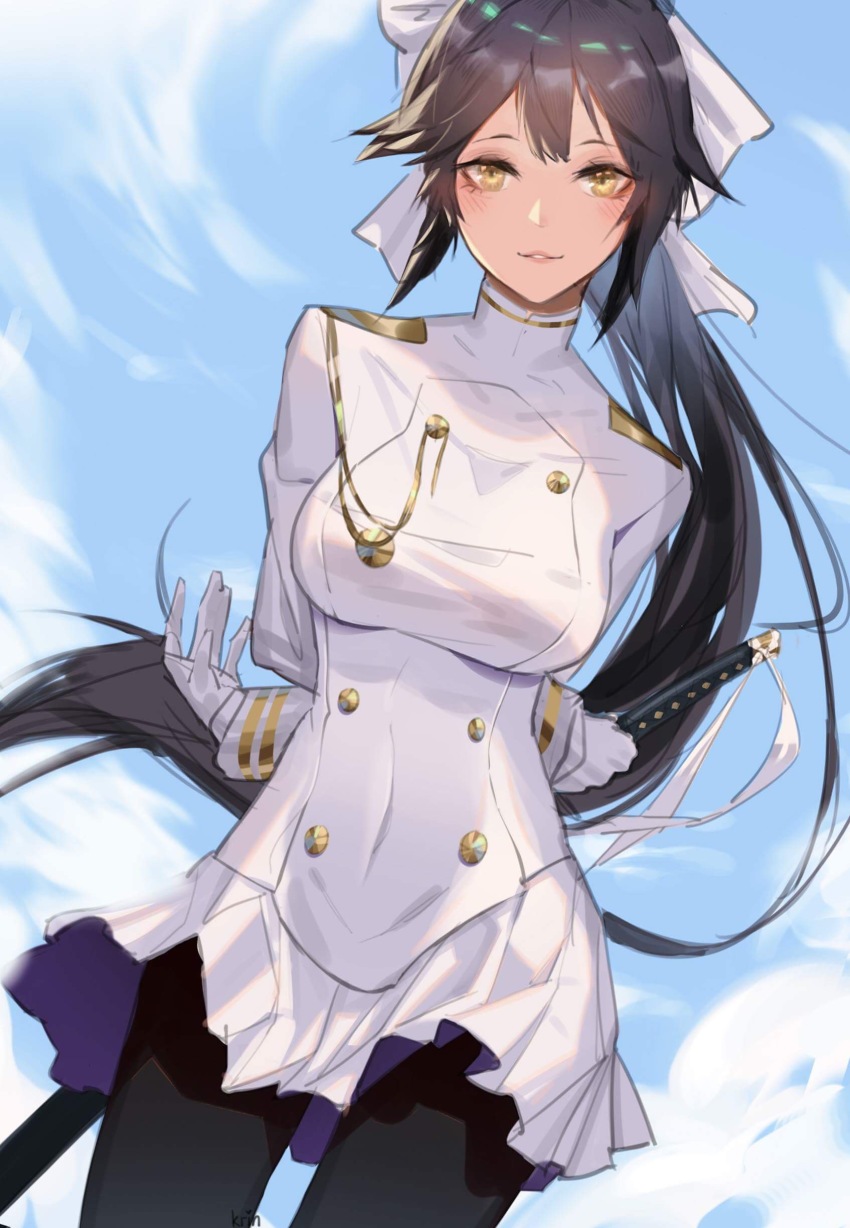 1girl absurdres arms_behind_back azur_lane black_hair black_pantyhose blush brown_eyes gloves highres holding holding_sword holding_weapon katana krin_(krinnin) long_hair looking_at_viewer military military_uniform miniskirt pantyhose ponytail skirt solo sword takao_(azur_lane) weapon white_gloves