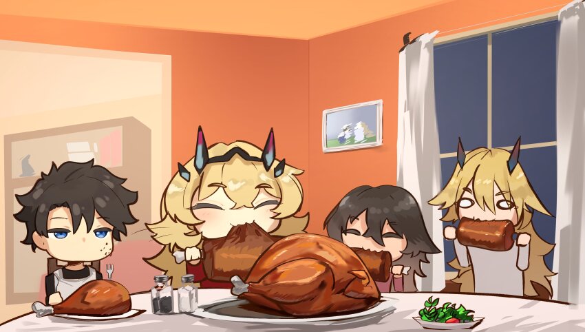 2boys 2girls absurdres barghest_(fate) barghest_(like_a_lady)_(fate) black_hair blonde_hair blue_eyes breasts chibi closed_eyes dinner drumsticks eating family fate/grand_order fate_(series) father_and_daughter father_and_son food fork fujimaru_calhoun_(fenrir5034) fujimaru_gwen_(fenrir5034) fujimaru_ritsuka_(male) garnish highres holding holding_food holding_fork holding_knife if_they_mated knife large_breasts meat mother_and_daughter mother_and_son multiple_boys multiple_girls obazzotto pepper_shaker photo_(object) salt_shaker shelf table turkey_(food) window