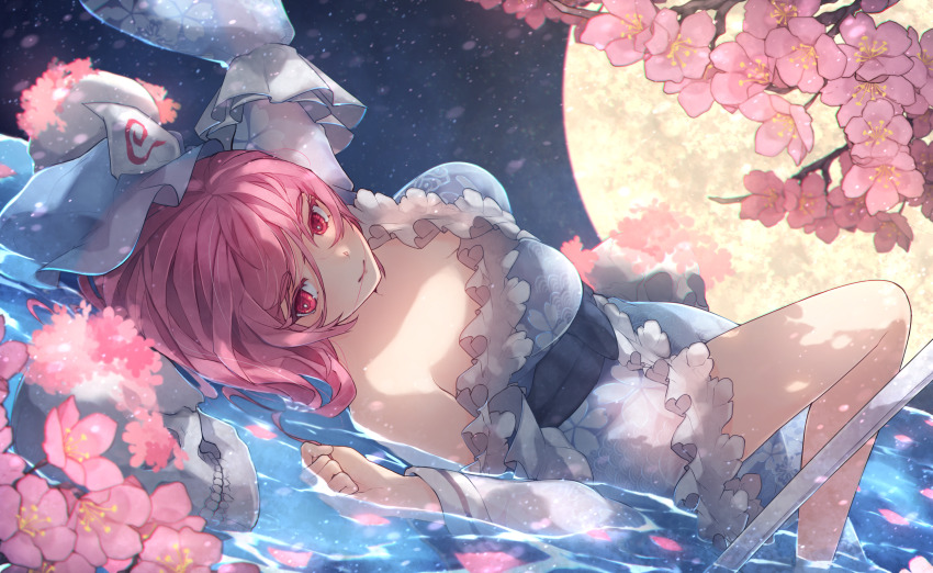 1girl absurdres blue_kimono breasts cherry_blossoms chiroru_(cheese-roll) cleavage closed_mouth frilled_kimono frills full_moon highres japanese_clothes kimono looking_at_viewer lying medium_breasts moon night night_sky off_shoulder on_back petals pink_eyes pink_hair saigyouji_yuyuko sky solo touhou water wet wet_clothes wet_hair