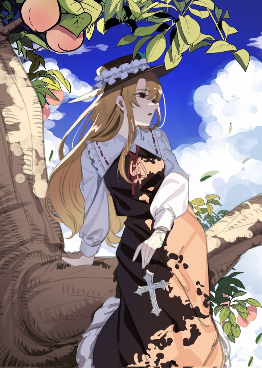 1girl blonde_hair breasts brown_hat brown_skirt brown_vest cloud cloudy_sky commentary_request cross day dolls_in_pseudo_paradise fedora food frilled_hat frilled_shirt_collar frilled_skirt frills fruit guumin hat highres in_tree jacket_girl_(dipp) long_hair long_sleeves neck_ribbon outdoors parted_lips peach peach_tree red_eyes red_ribbon ribbon shirt sitting sitting_in_tree sitting_on_branch skirt sky small_breasts solo touhou tree very_long_hair vest white_shirt