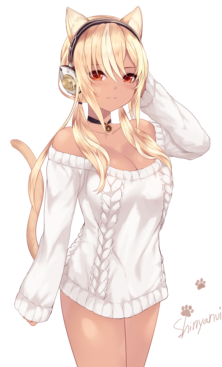 1girl :3 alternate_hairstyle animal_ears bare_shoulders blonde_hair blush breasts cait_aron cat_ears cat_tail choker cleavage collarbone dark-skinned_female dark_skin headphones highres hololive looking_at_viewer medium_breasts no_pants off-shoulder_sweater off_shoulder paw_print red_eyes ribbed_sweater shiranui_flare sidelocks simple_background smile solo sweater tail twintails virtual_youtuber white_background white_sweater