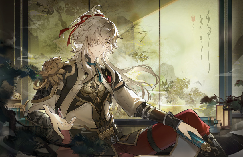 1boy absurdres armor chinese_clothes chinese_commentary commentary_request crossed_bangs folding_screen grey_hair hair_between_eyes hair_over_one_eye hair_ribbon high_ponytail highres holding holding_scroll honkai:_star_rail honkai_(series) incense_burner jing_yuan knee_up long_hair long_sleeves looking_at_animal looking_at_viewer male_focus mandarin_collar mole mole_under_eye pants parted_bangs pauldrons ponytail qingyixing968 reaching reaching_towards_viewer red_pants red_ribbon ribbon scroll shirt shoulder_armor sidelocks single_pauldron sitting smile solo tassel thigh_strap upper_body white_shirt yellow_eyes