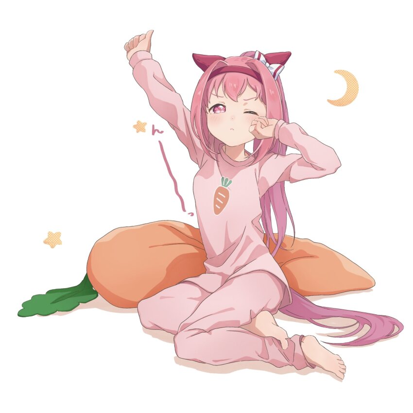 1girl animal_ears barefoot blush bow cushion ear_bow ear_covers full_body hairband haru_urara_(umamusume) highres horse_ears horse_girl horse_tail long_hair moko39_takasora one_eye_closed pajamas pink_eyes pink_hair sitting solo stretching stuffed_carrot tail umamusume