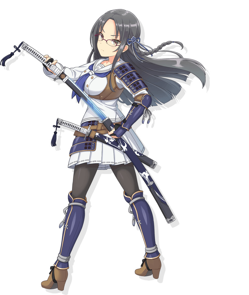 1girl armor black_hair black_pantyhose braid breasts brown_footwear closed_mouth floating_hair frown full_body grey_eyes high_heels highres holding holding_sword holding_weapon japanese_armor katana kote kujou_kaede kusazuri large_breasts long_hair long_sleeves looking_at_viewer miniskirt official_art ongeki pantyhose pleated_skirt sailor_collar school_uniform serafuku sheath shirt shoes side_braid simple_background single_braid single_sode skirt solo split_mouth suneate sword tachi-e tekko transparent_background underbust unsheathing v-shaped_eyebrows weapon white_sailor_collar white_serafuku white_shirt white_skirt