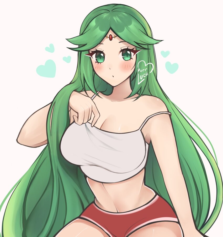 1girl alternate_costume bare_arms bare_shoulders blush breasts camisole cleavage commentary crop_top flipped_bangs green_eyes green_hair grey_background heart highres kid_icarus large_breasts long_hair looking_at_viewer luci_(purrlucii) midriff navel nintendo palutena red_shorts revision short_shorts shorts simple_background solo spaghetti_strap stomach strap_slip very_long_hair