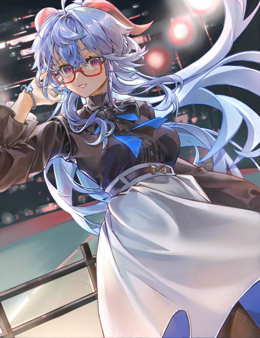 1girl absurdres ahoge arrrrrry1 black_bow black_pantyhose black_shirt blue_hair bow breasts frilled_shirt frilled_sleeves frills ganyu_(china_merchants_bank)_(genshin_impact) ganyu_(genshin_impact) genshin_impact glasses hand_in_own_hair high-waist_skirt highres horns long_hair long_sleeves looking_at_viewer low_ponytail medium_breasts official_alternate_costume pantyhose purple_eyes red-framed_eyewear semi-rimless_eyewear shirt shirt_tucked_in sidelocks skirt smile solo turtleneck white_skirt