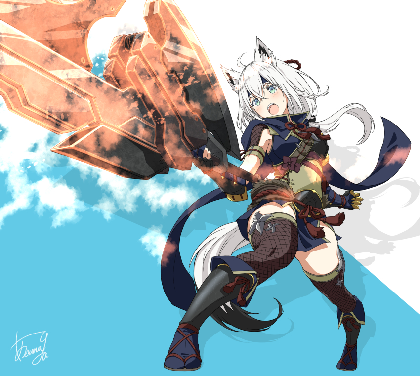 1girl absurdres ahoge animal_ear_fluff animal_ears asanaya blush braid fire fox_ears fox_girl fox_tail hair_between_eyes highres hololive huge_filesize light_blush long_hair monster_hunter_(series) open_mouth shirakami_fubuki signature solo switch_axe tail virtual_youtuber white_hair