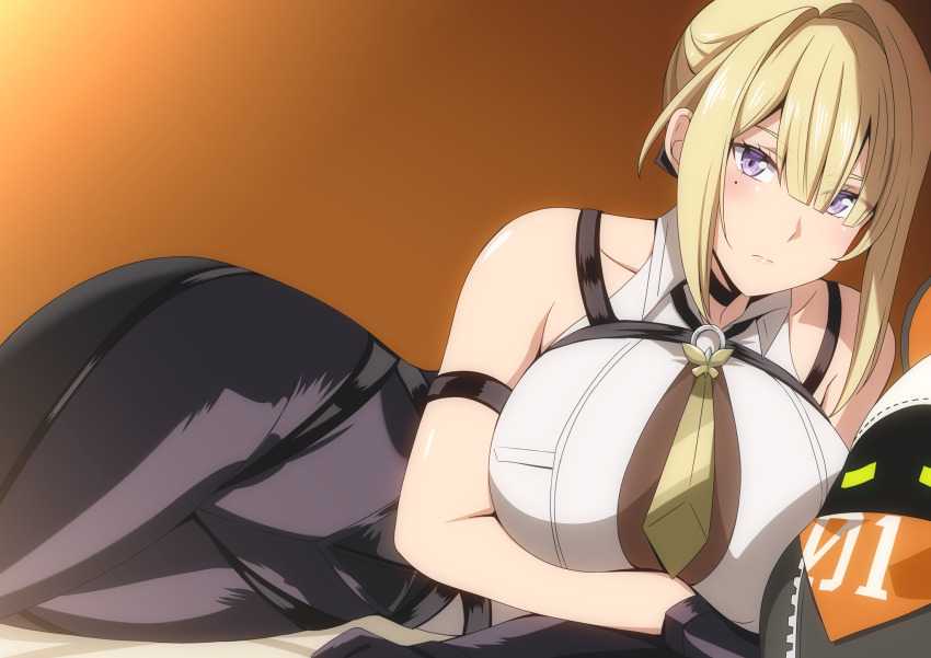 1girl bangboo_(zenless_zone_zero) bare_shoulders black_gloves black_pants blonde_hair blush breasts chest_harness choker collared_shirt elbow_gloves evelyn_chevalier gloves hara_(harayutaka) harness high-waist_pants highres large_breasts looking_at_viewer lying medium_hair necktie on_side pants purple_eyes revision shirt sleeveless sleeveless_shirt thighs tight_clothes tight_pants white_shirt zenless_zone_zero