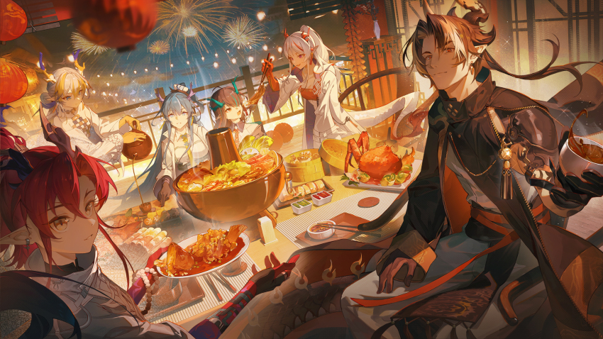 2boys 4girls arknights black_hair blonde_hair blue_eyes blue_hair brown_eyes chongyue_(arknights) closed_mouth commentary dragon_boy dragon_girl dragon_horns dragon_tail dusk_(arknights) food grey_hair highres horns ling_(arknights) long_sleeves maipianvale multicolored_hair multiple_boys multiple_girls nian_(arknights) open_mouth parted_lips pointy_ears red_eyes red_hair shu_(arknights) streaked_hair tail white_hair yu_(arknights)