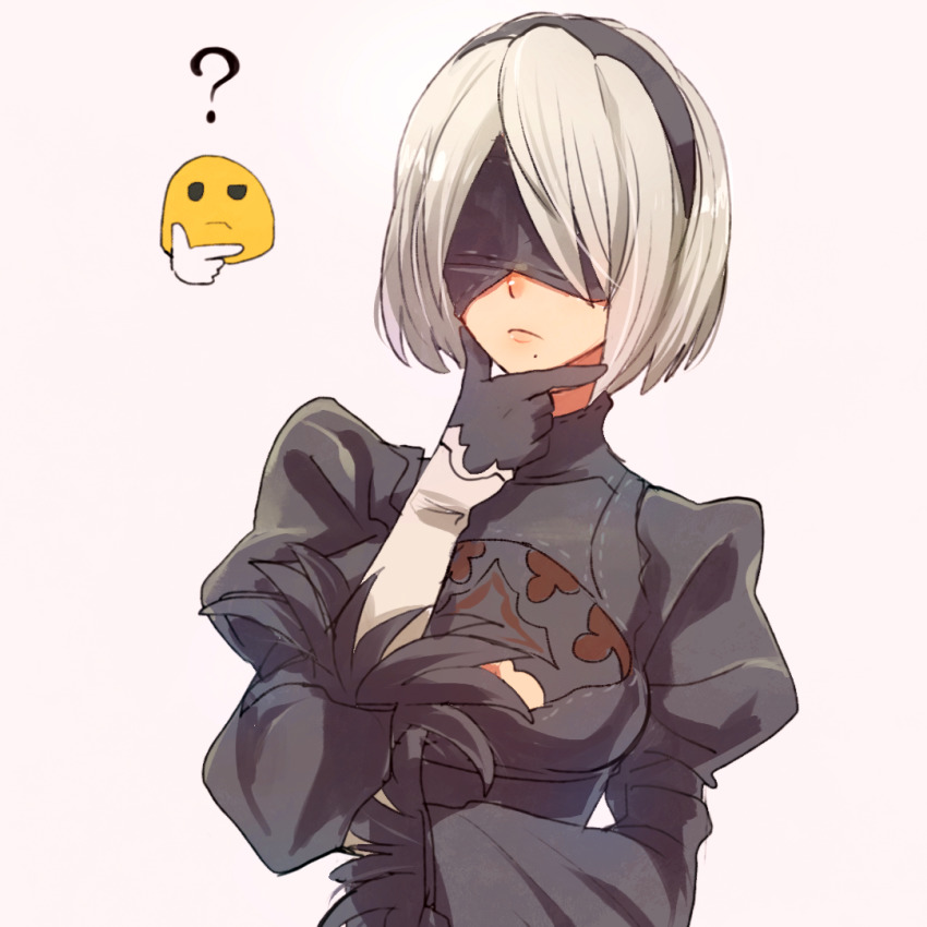 1girl 2b_(nier:automata) black_blindfold black_dress black_gloves black_hairband blindfold cleavage_cutout clothing_cutout dress emoji feather-trimmed_sleeves female_focus gloves hairband hand_on_own_chin juliet_sleeves long_sleeves mole mole_under_mouth nier:automata nier_(series) puffy_sleeves short_hair silver_hair simple_background solo thinking thinking_emoji u-ka_(pixiv5407) upper_body