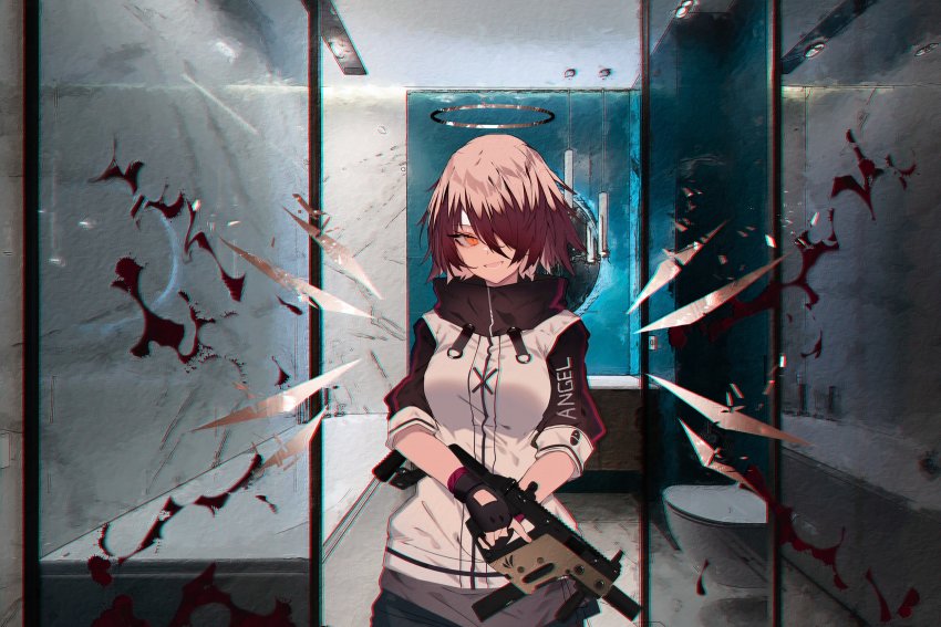 1girl arknights black_gloves black_legwear black_sleeves blood clothes_writing commentary detached_wings energy_wings exusiai_(arknights) fingerless_gloves gloves gun hair_over_one_eye halo highres holding holding_gun holding_weapon jacket kriss_vector orange_eyes red_hair short_hair short_sleeves solo soukou_makura submachine_gun upper_body weapon white_jacket wings