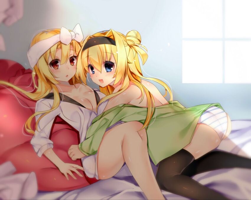 2girls :d :o all_fours arihara_nanami ass back bare_shoulders black_thighhighs blonde_hair blue_eyes blush bow breasts chinese_commentary chitose_sana cleavage collarbone colored_eyelashes commentary_request company_connection crossover double_bun feet_out_of_frame from_side girl_on_top green_shirt hair_between_eyes hair_bow hair_bun hair_down hair_intakes hair_spread_out heart heart-shaped_pillow imoe_(1017933989) indoors jacket knee_up large_breasts long_hair long_sleeves look-alike looking_at_viewer multiple_girls open_clothes open_jacket open_mouth panties pillow red_eyes riddle_joker shirt sidelocks sleeves_past_wrists smile striped_clothes striped_panties tenshinranman thighhighs thighs trait_connection two_side_up underwear white_bow white_jacket white_panties window yuri yuzu-soft