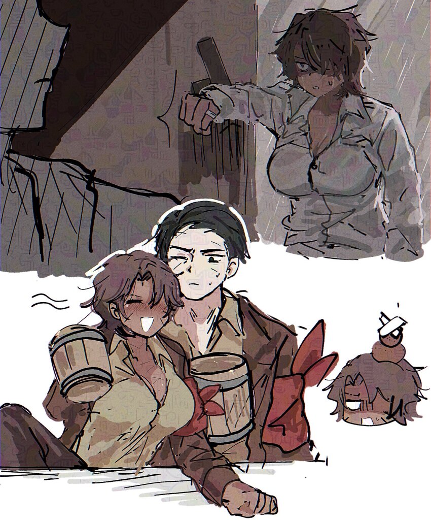 1boy 1girl arm_wrap armband bandages black_hair blush breasts brown_coat brown_hair brown_jacket brown_shirt brown_theme clenched_hand closed_eyes closed_mouth coat collared_shirt cup dark-skinned_female dark_skin dead_rabbits_(identity)_(project_moon) drunk genderswap genderswap_(mtf) hair_over_one_eye hair_slicked_back heathcliff_(project_moon) highres holding holding_cup jacket jewelry large_breasts limbus_company long_sleeves meursault_(project_moon) ngancurindunia one_eye_closed open_mouth project_moon purple_eyes rain ring scar scar_on_face shirt short_hair smile wet wet_clothes wet_shirt white_shirt