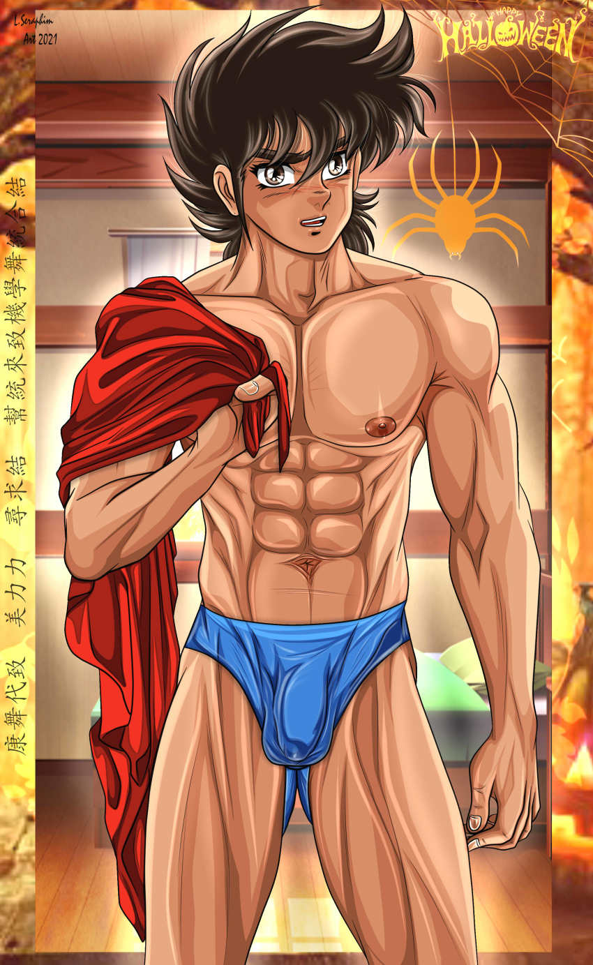 1boy absurdres bara brown_eyes brown_hair bulge highres lseraphim lucifer_seraphim male_focus nipples male_pecs male_underwear muscular muscular_arms muscular_legs muscular_male navel pectorals underwear yaoi