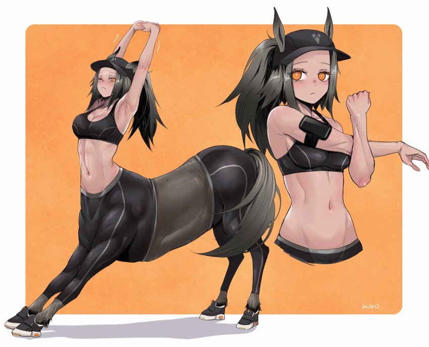 1girl armpits arms_up baseball_cap black_hat black_sports_bra breasts centaur cleavage cropped_torso ears_through_headwear hat highres kivo large_breasts midriff multiple_views navel orange_eyes original shoes sports_bra sportswear stretching taur