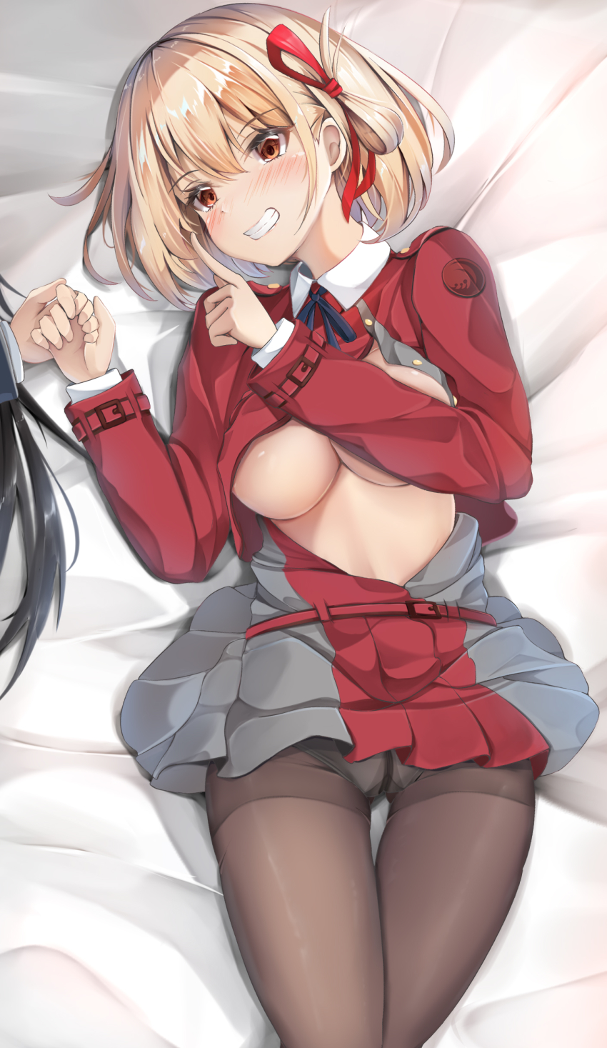 1girl absurdres bed_sheet black_pantyhose blonde_hair breasts brown_eyes clenched_teeth crotch_seam grin hair_between_eyes hair_ribbon highres holding_hands index_finger_raised large_breasts lycoris_recoil lying mctom nishikigi_chisato on_back panties panties_under_pantyhose pantyhose red_ribbon ribbon short_hair smile solo_focus teeth underwear white_panties