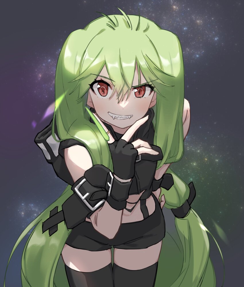 absurdres belt black_gloves black_shorts black_thighhighs cowboy_shot dark_persona fangs fingerless_gloves gloves green_hair grin highres jewelry leaning_forward long_hair looking_back low-tied_long_hair macross macross_delta macross_delta:_zettai_live!!!!!! macross_frontier mintpompom orange_eyes ranka_lee ring shorts single_glove smile space star_(symbol) star_symbol_background thighhighs very_long_hair yami_ranka zettai_ryouiki