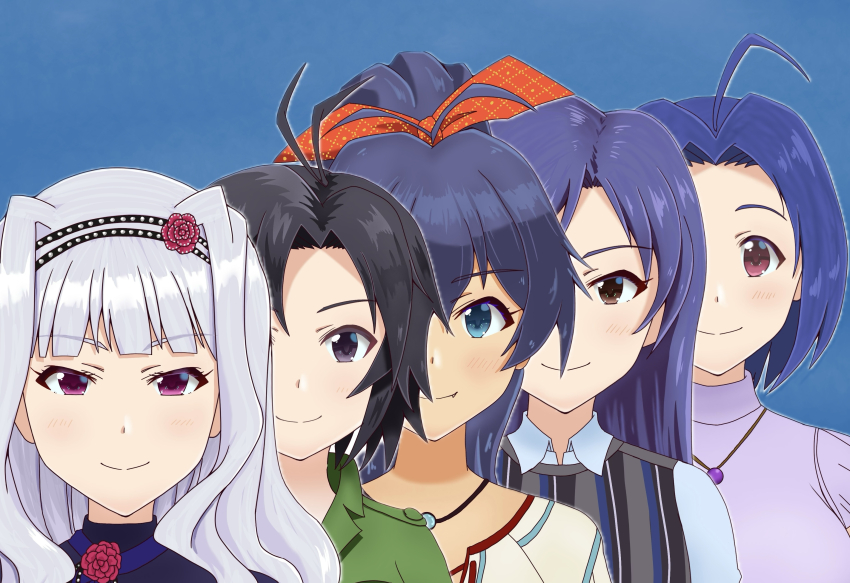 5girls age_difference ahoge antenna_hair aqua_eyes arms_at_sides artist_request behind_another black_hair blouse blue_background blue_hair bow breasts brown_eyes eyelashes facing_viewer fang female_focus flat_chest flower ganaha_hibiki grey_eyes hair_between_eyes hair_bow hair_flower hair_ornament hairband happy high_ponytail highres idolmaster idolmaster_million_live! jewelry kikuchi_makoto kisaragi_chihaya large_breasts light_blush long_hair looking_at_viewer medium_breasts medium_hair miura_azusa multiple_girls namco necklace parted_bangs ponytail purple_eyes shijou_takane shirt sidelocks simple_background sleeveless sleeveless_sweater smile standing sweater swept_bangs tan tomboy turtleneck turtleneck_shirt upper_body wavy_hair white_hair wide_ponytail