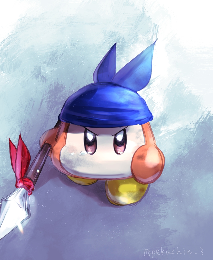 bandana bandana_waddle_dee blue_bandana brown_eyes full_body grey_background highres holding holding_polearm holding_weapon kirby_(series) looking_at_viewer nintendo no_humans pekuchin_(pekuchin_3) polearm solo spear twitter_username v-shaped_eyebrows waddle_dee weapon