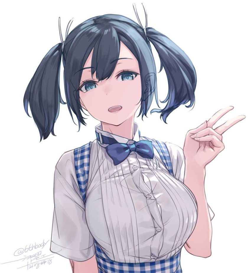 1girl alternate_costume apron blue_apron blue_bow blue_bowtie blue_eyes blue_hair bow bowtie breasts dated ears_visible_through_hair gingham gingham_apron hair_ribbon highres kantai_collection kobeya_uniform large_breasts looking_at_viewer one-hour_drawing_challenge open_mouth ribbon rokuwata_tomoe short_sleeves sidelocks simple_background solo souryuu_(kancolle) teeth twintails twitter_username upper_teeth_only v white_background