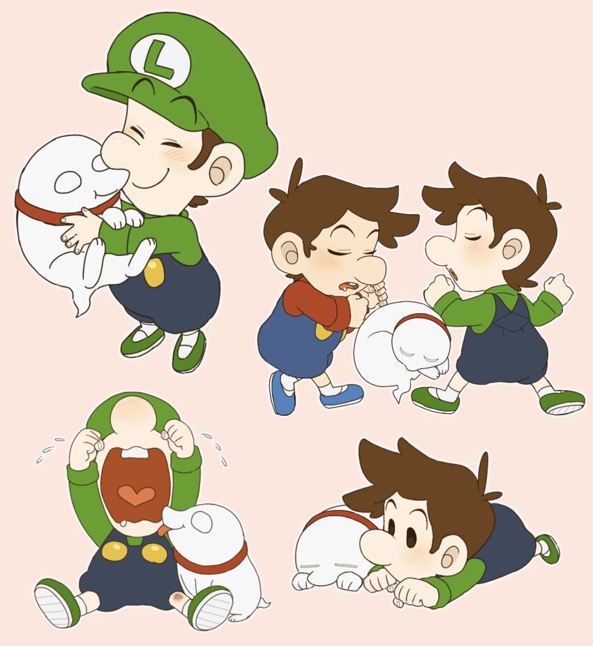 2boys baby_luigi baby_mario blue_overalls blue_pants crying dog green_shirt hat highres kiss long_sleeves looking_at_another luigi luigi&#039;s_mansion luigi&#039;s_mansion:_dark_moon mario mario_(series) mimimi_(mimimim9999) multiple_boys multiple_persona nintendo overalls pants polterpup shirt shoes short_hair simple_background