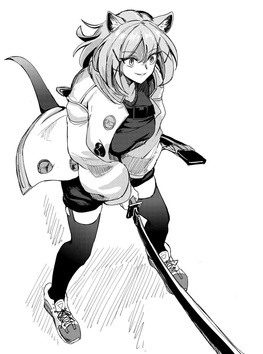 1girl absurdres animal_ears arknights black_thighhighs breasts full_body greyscale highres holding holding_weapon jacket large_breasts long_sleeves medium_breasts monochrome open_clothes open_jacket puffy_long_sleeves puffy_sleeves purokion_katou short_hair smile solo tail thighhighs utage_(arknights) weapon white_background