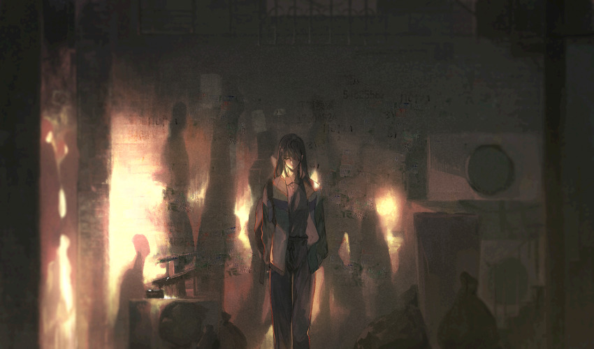 1boy black_hair black_jacket black_shirt collared_shirt feet_out_of_frame highres jacket limited_palette long_hair long_sleeves male_focus original sepia shadow shirt solo wide_shot yinzinmiemie